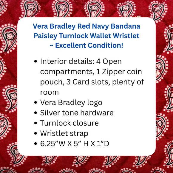 Vera Bradley Red Navy Bandana Paisley Turnlock Wallet Wristlet - Picture 6 of 6